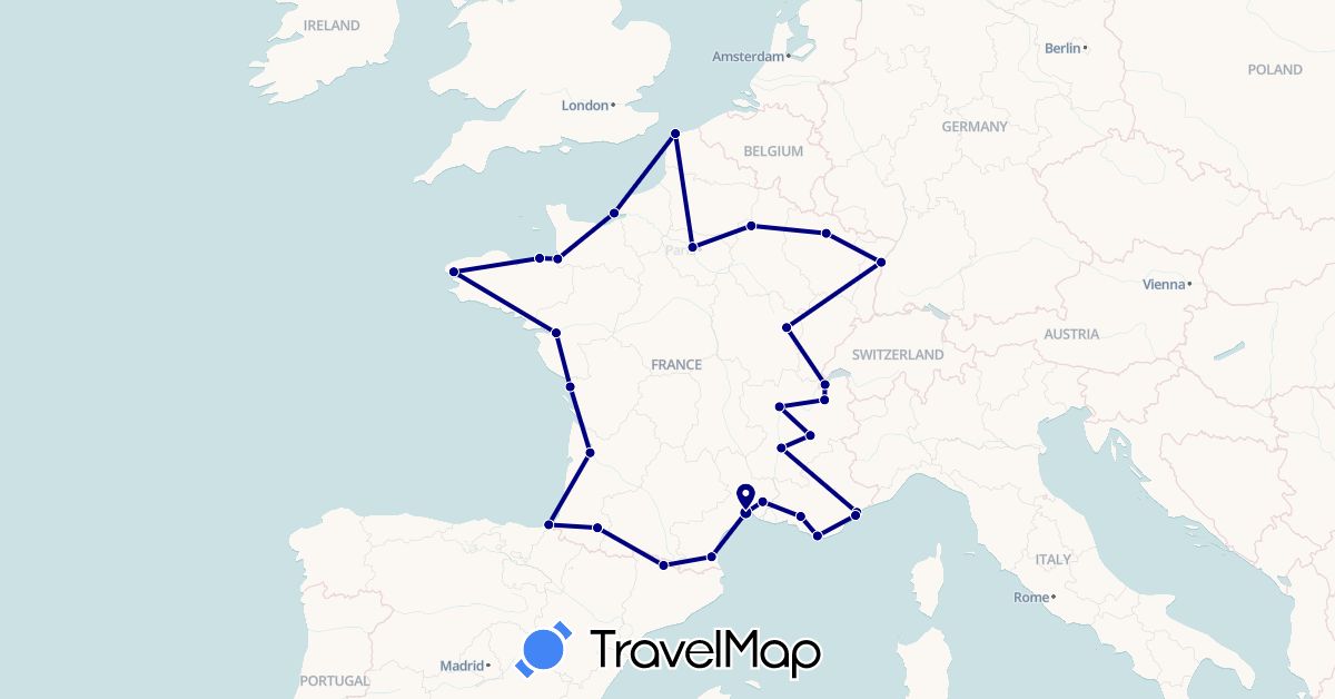 TravelMap itinerary: driving in Andorra, Switzerland, France (Europe)